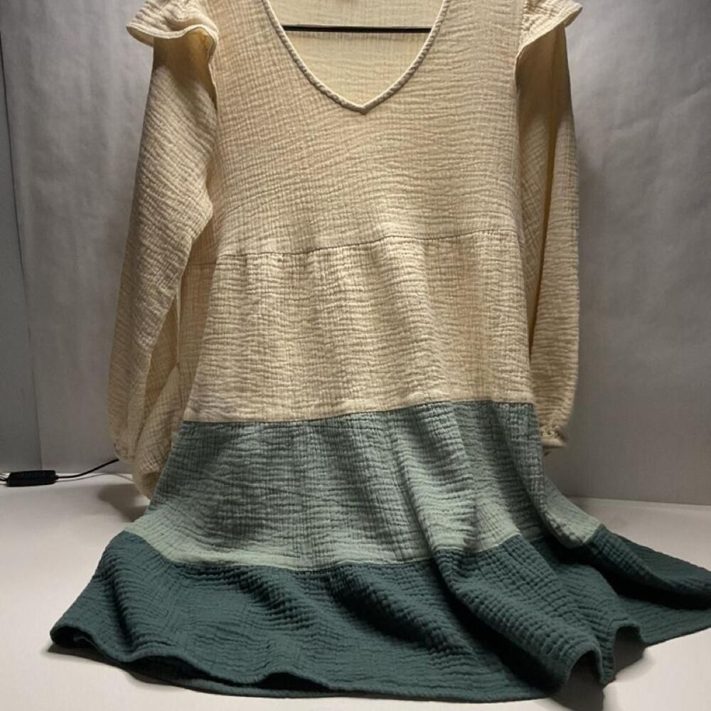 Jodifl cream, green, blue flowly fit dress.